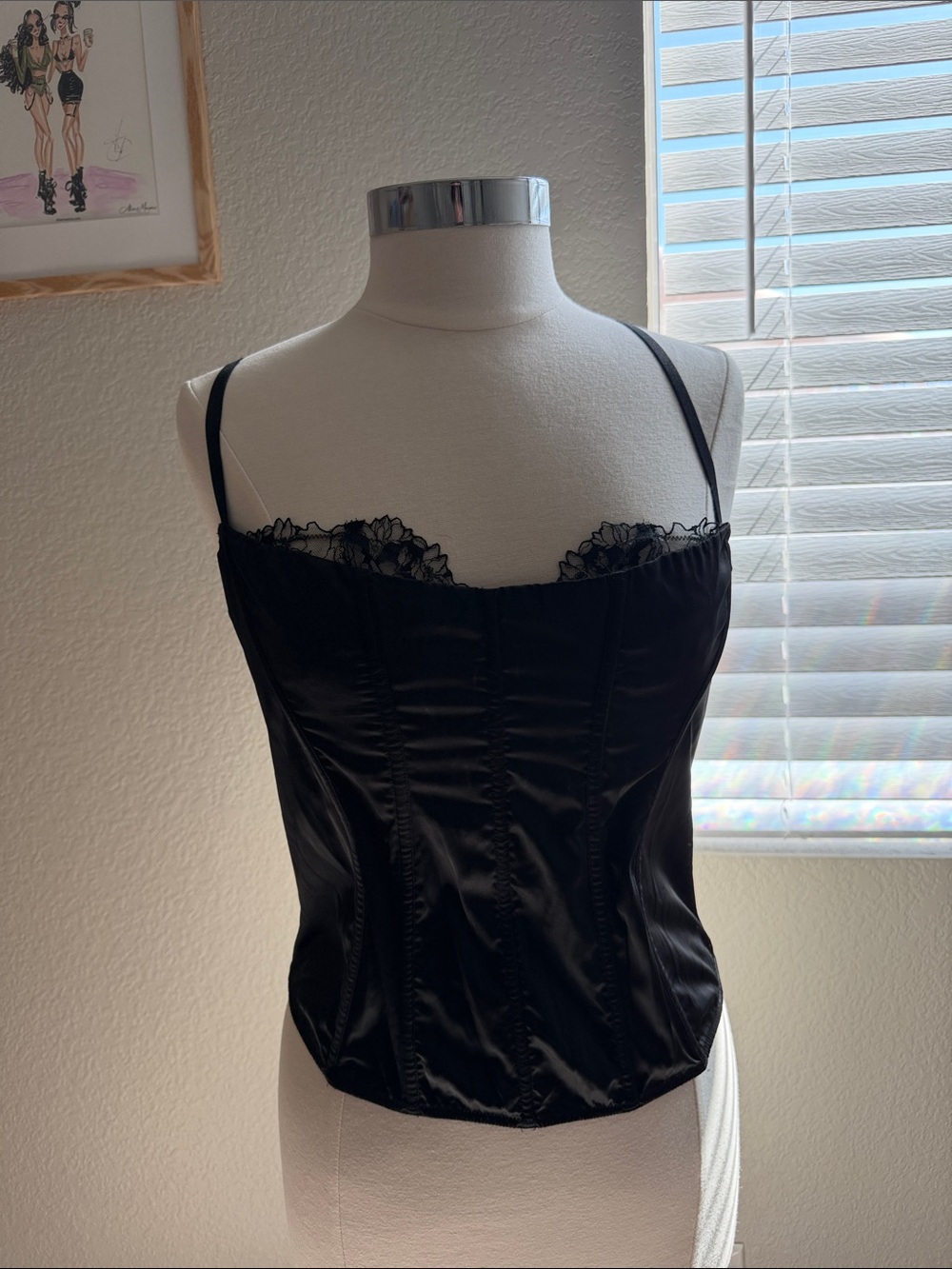 Victoria's Secret Black Satin Corset Top with Lace Trim